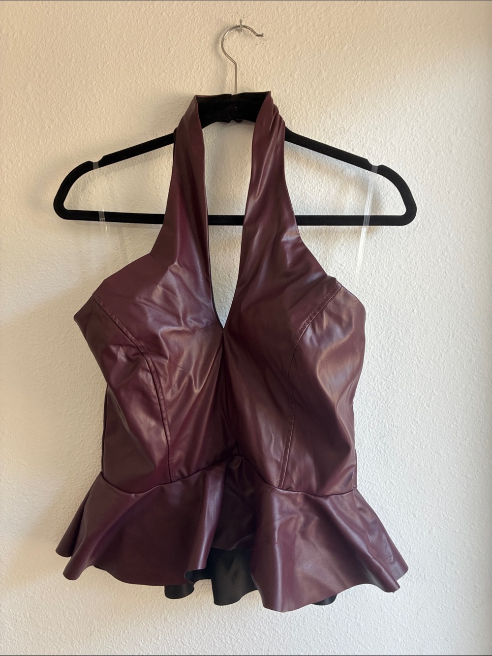 Deep Plum Faux Leather Halter Peplum Camisole